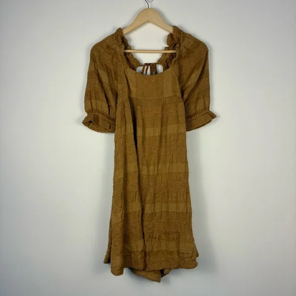 NEW Free People tan wheat babydoll dress size M puff sleeves open back - Picture 3 of 8